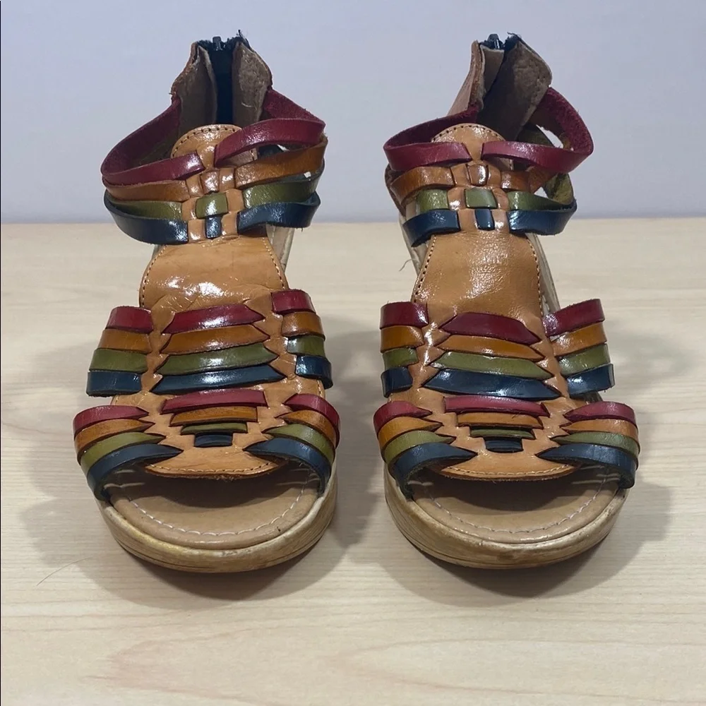 Tan and Red Wedge Sandals with Gladiator Straps